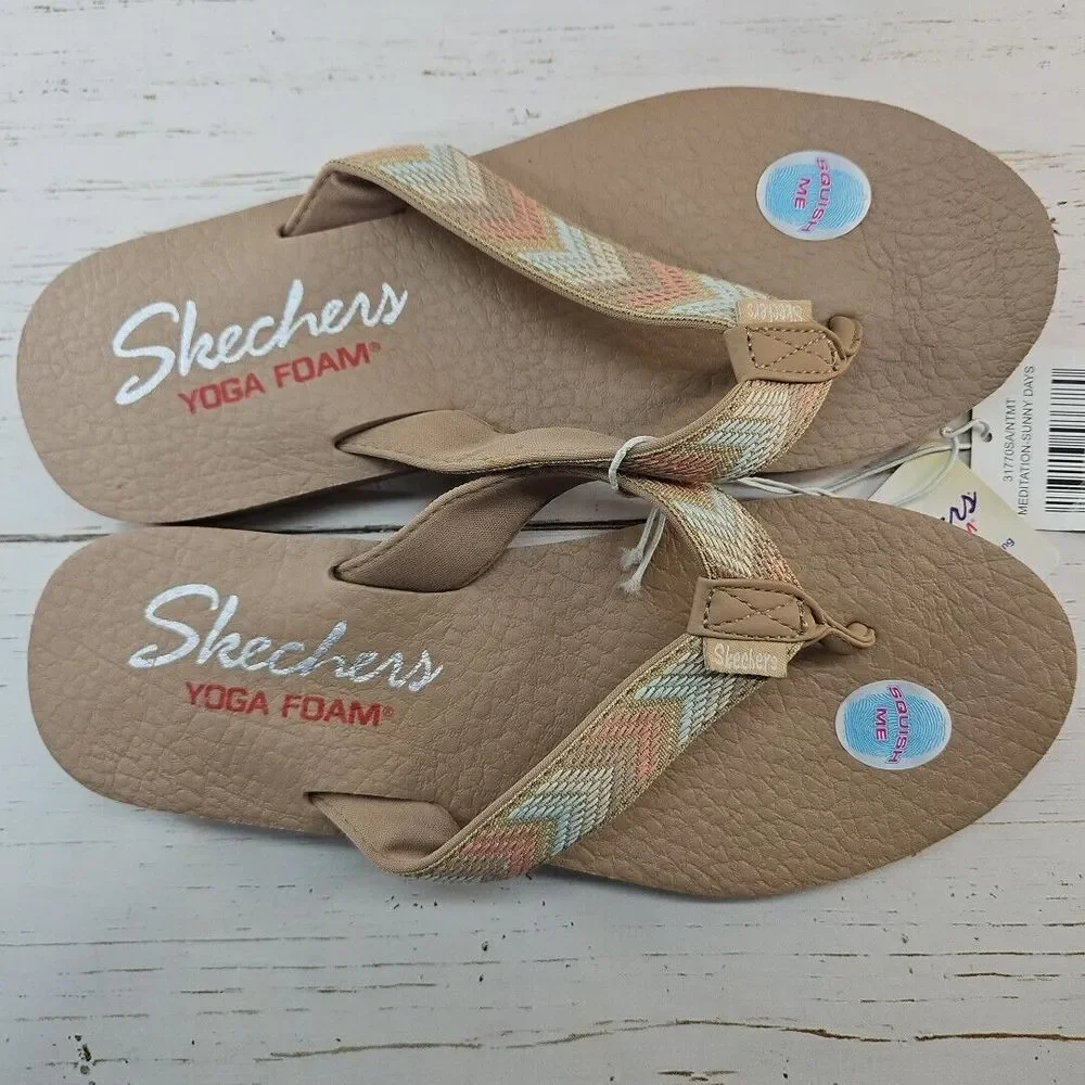 Skechers Meditation Sunny Days Size 10 Woven Flip Flop‎ Sandals Tan Yoga Foam